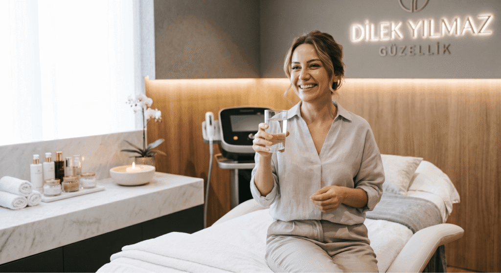 Gaziantep vücut şekillendirme uygulaması sonrasında, su tüketerek estetik sürecini destekleyen, ferah bir ortamda gülümseyen özgüvenli danışan.